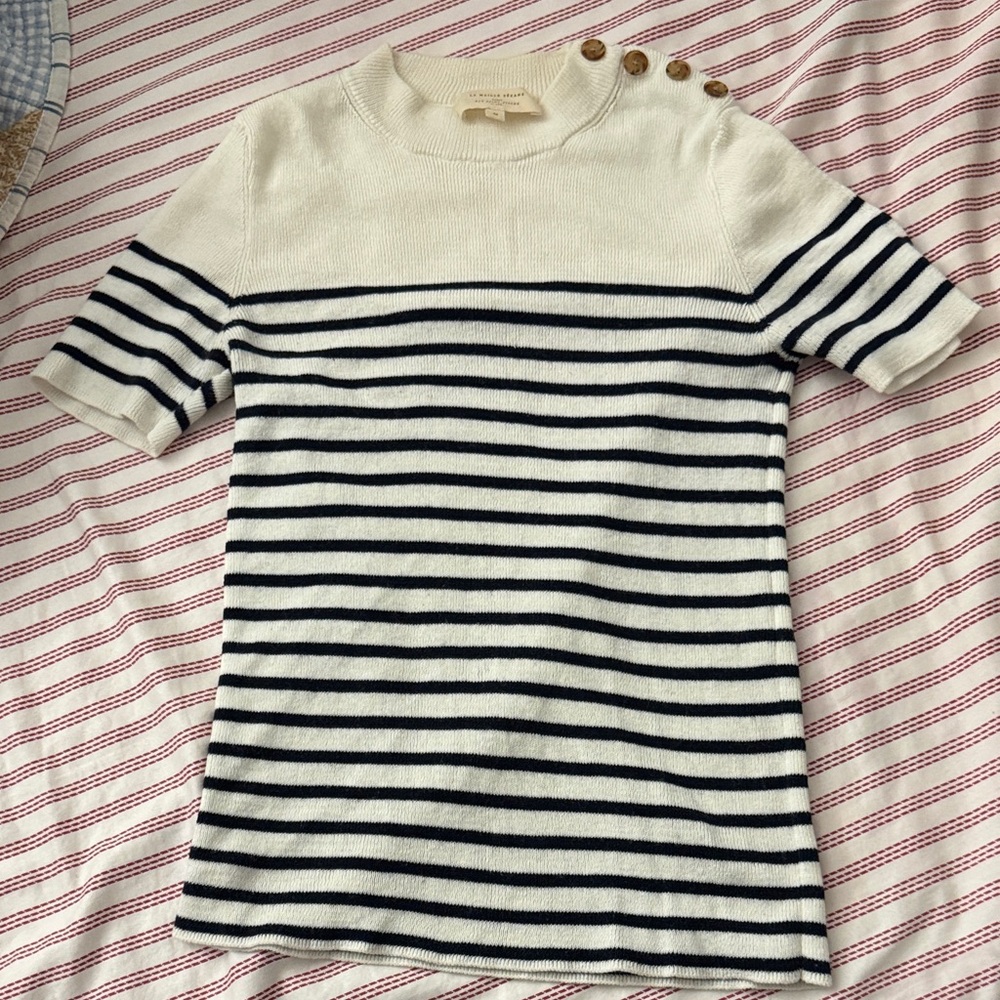 Sezane White and Black Striped Crew Neck Sweater